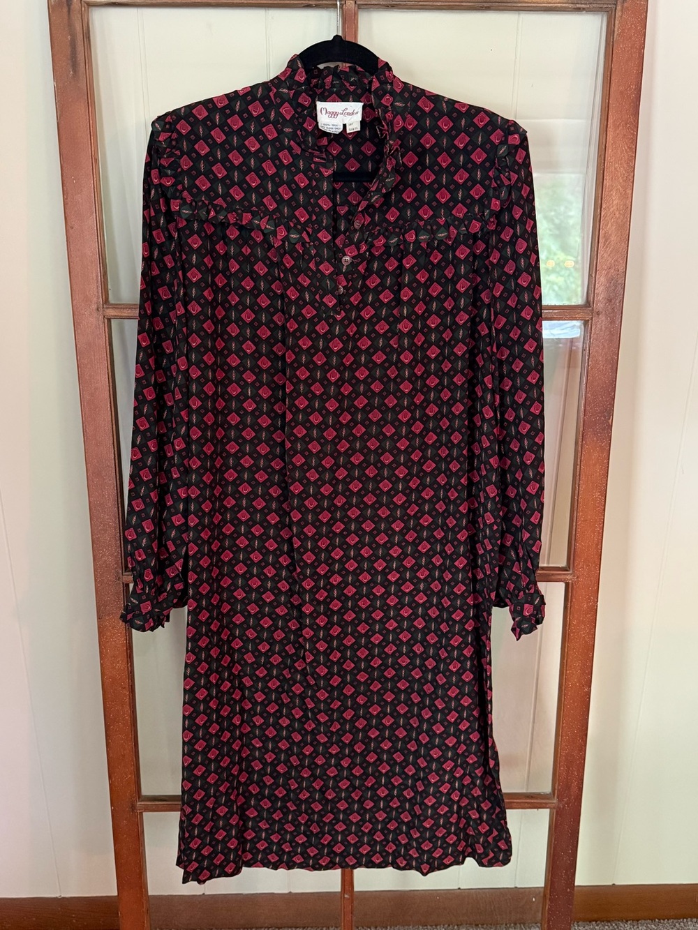 Maggy London 100% Silk Long Sleeve Ruffle Neck Printed Midi Dress Western Retro - Picture 2 of 7